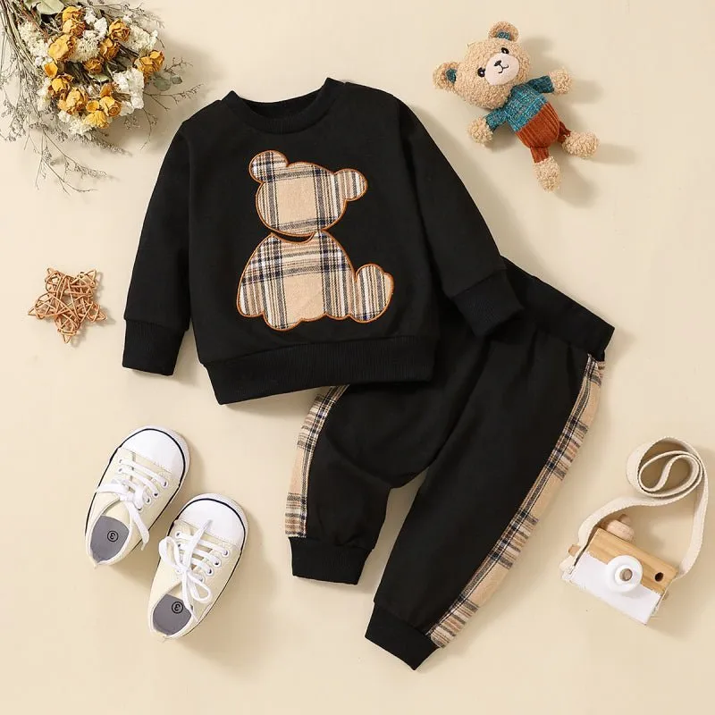 2pcs Baby Boy/Girl Long-sleeve Plaid Print Bear Embroidered Sweatshirt and Sweatpants Set