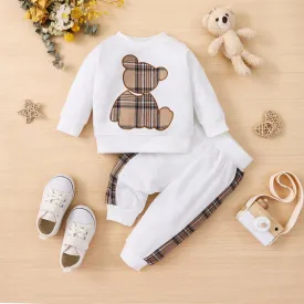 2pcs Baby Boy/Girl Long-sleeve Plaid Print Bear Embroidered Sweatshirt and Sweatpants Set