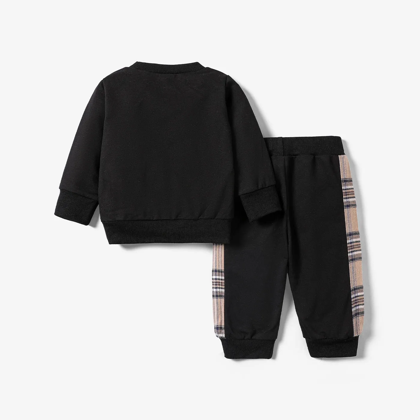 2pcs Baby Boy/Girl Long-sleeve Plaid Print Bear Embroidered Sweatshirt and Sweatpants Set