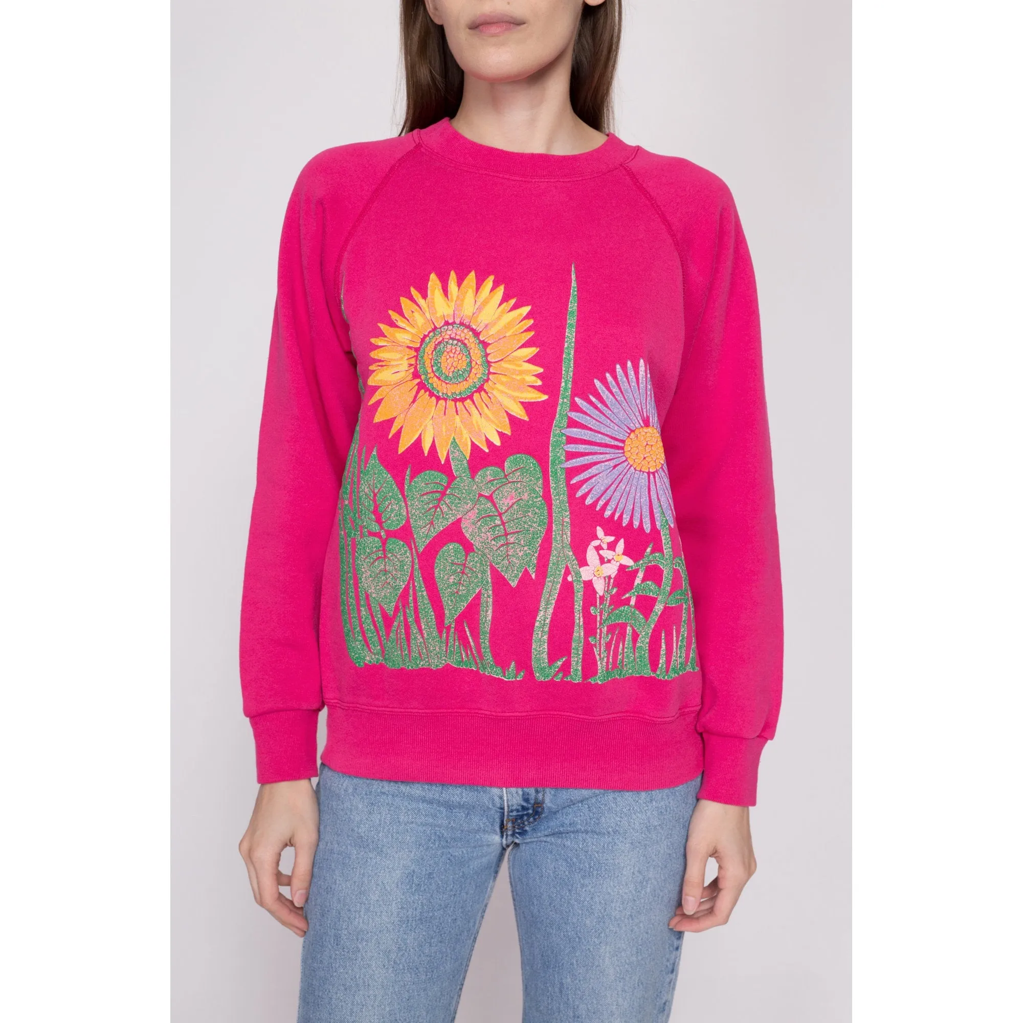 80s Hot Pink Flower Garden Sweatshirt - Medium
