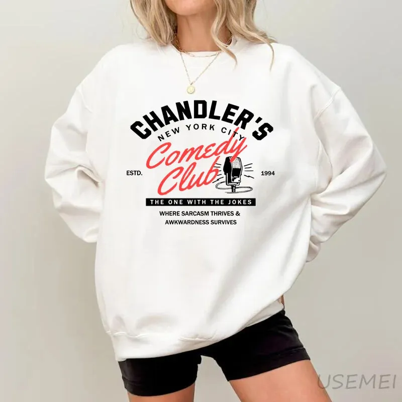 90s Nostalgic Chandler Friends Sweatshirt - Cozy Crewneck Pullover for Women, Casual Streetwear with Fun Graphic Print, Perfect for All Seasons