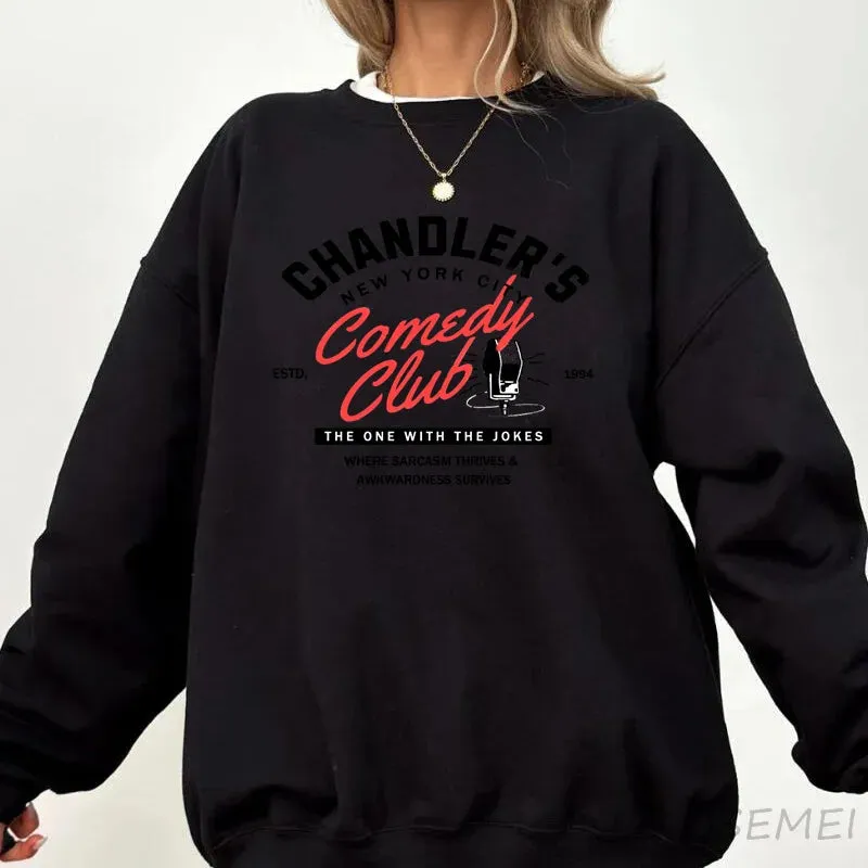 90s Nostalgic Chandler Friends Sweatshirt - Cozy Crewneck Pullover for Women, Casual Streetwear with Fun Graphic Print, Perfect for All Seasons