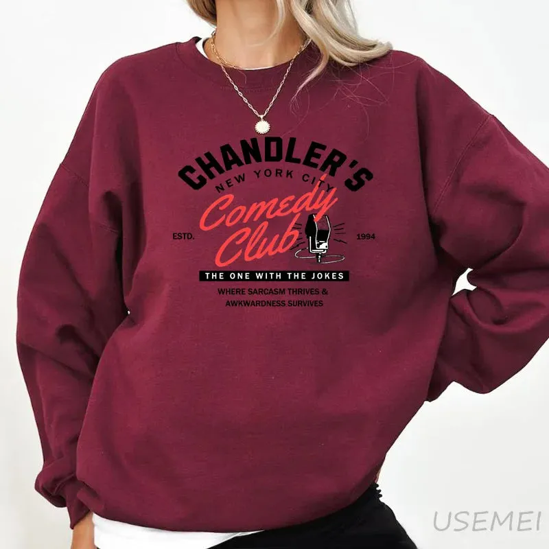 90s Nostalgic Chandler Friends Sweatshirt - Cozy Crewneck Pullover for Women, Casual Streetwear with Fun Graphic Print, Perfect for All Seasons