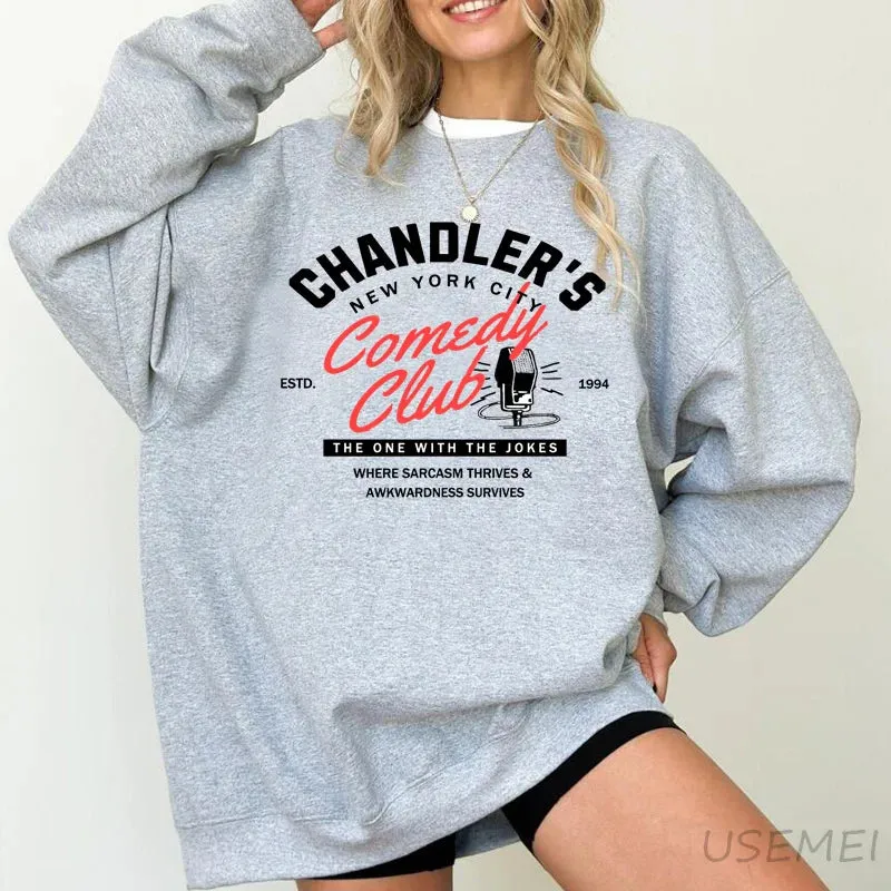 90s Nostalgic Chandler Friends Sweatshirt - Cozy Crewneck Pullover for Women, Casual Streetwear with Fun Graphic Print, Perfect for All Seasons