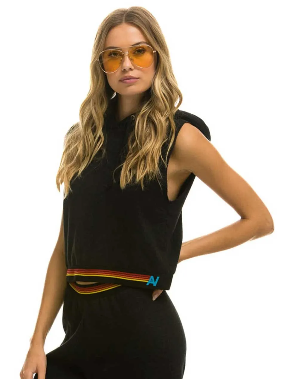 Aviator Nation Women's Logo Stripe Sleeveless Crop Pullover Hoodie - Black