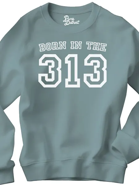 Born in the 313 Premium Sweatshirt - White / Blue Lagoon