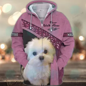 Maltese Pink Love Never Walk Alone 3D Full Print Shirts, Christmas Dog Memorial Gifts for loss of Dog