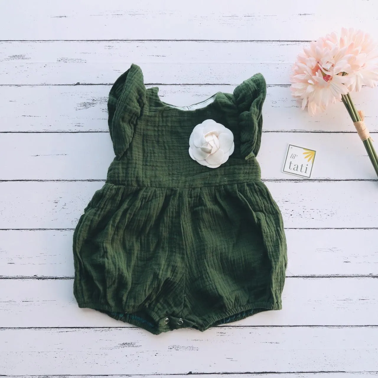 Orchid Playsuit - Ruffle Sleeves in Forest Green Crepe