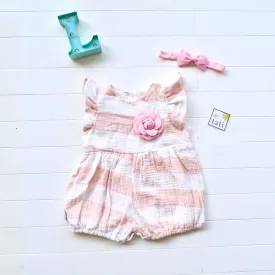 Orchid Playsuit - Ruffle Sleeves in Light Pink Stripes Crepe