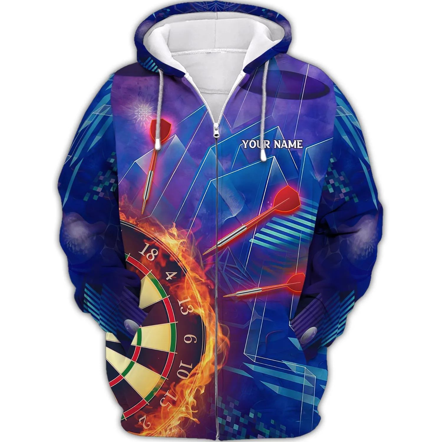Personalized Name Dartboard Fire Purple 3D Printed Sweatshirt Hoodie Shirts, Gift for Dart Lovers Christmas