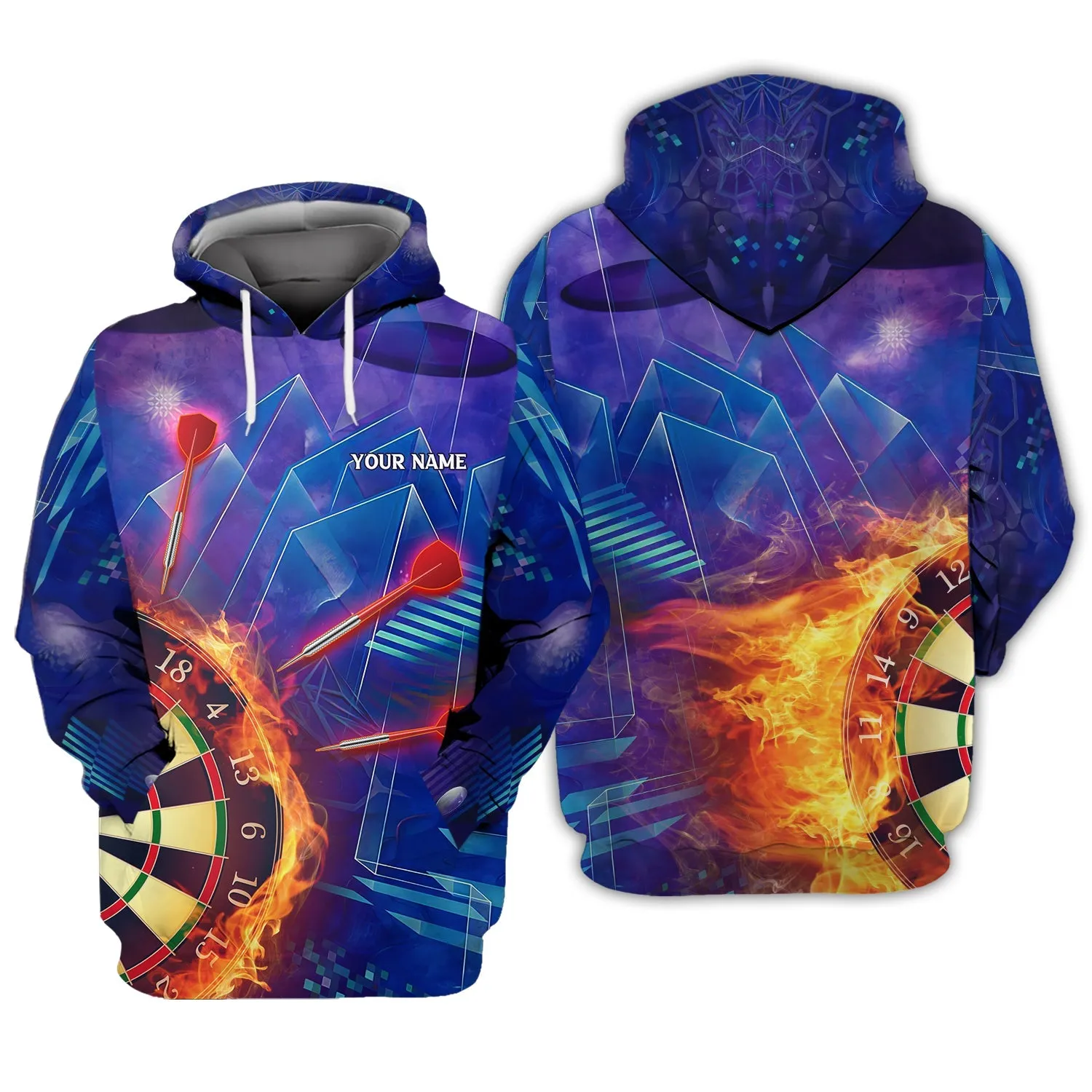 Personalized Name Dartboard Fire Purple 3D Printed Sweatshirt Hoodie Shirts, Gift for Dart Lovers Christmas