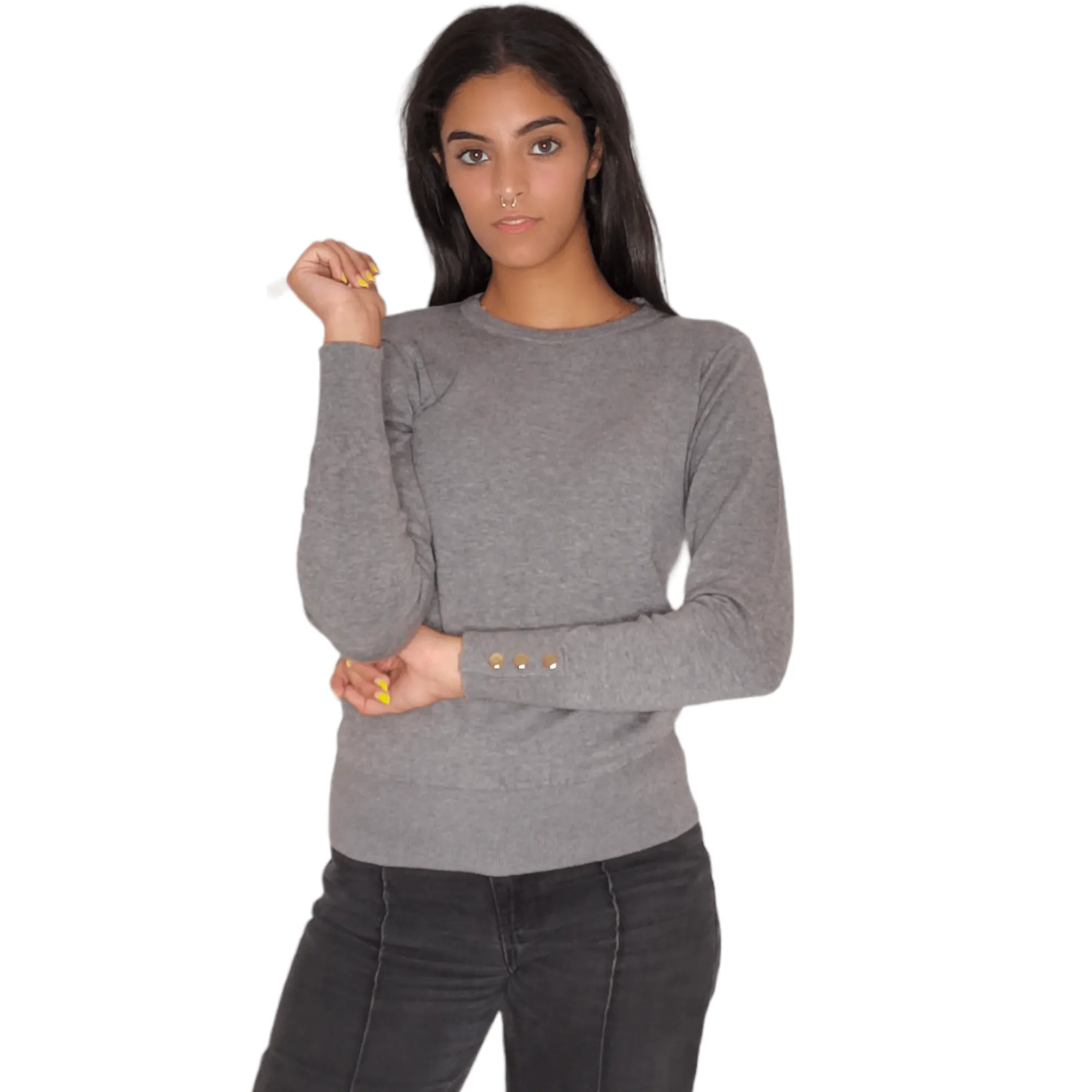Women Round-Collar Pullover (buttons on sleeve) - Grey