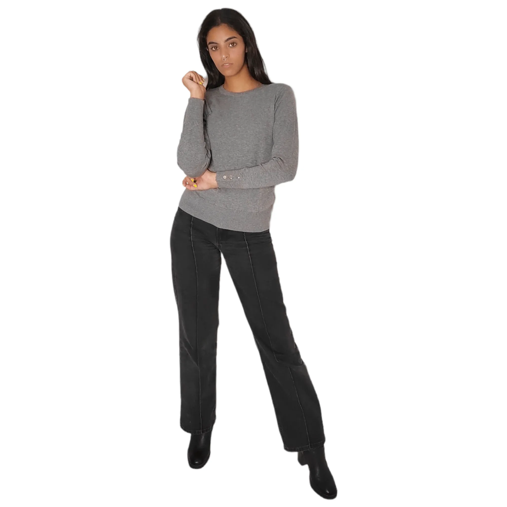 Women Round-Collar Pullover (buttons on sleeve) - Grey
