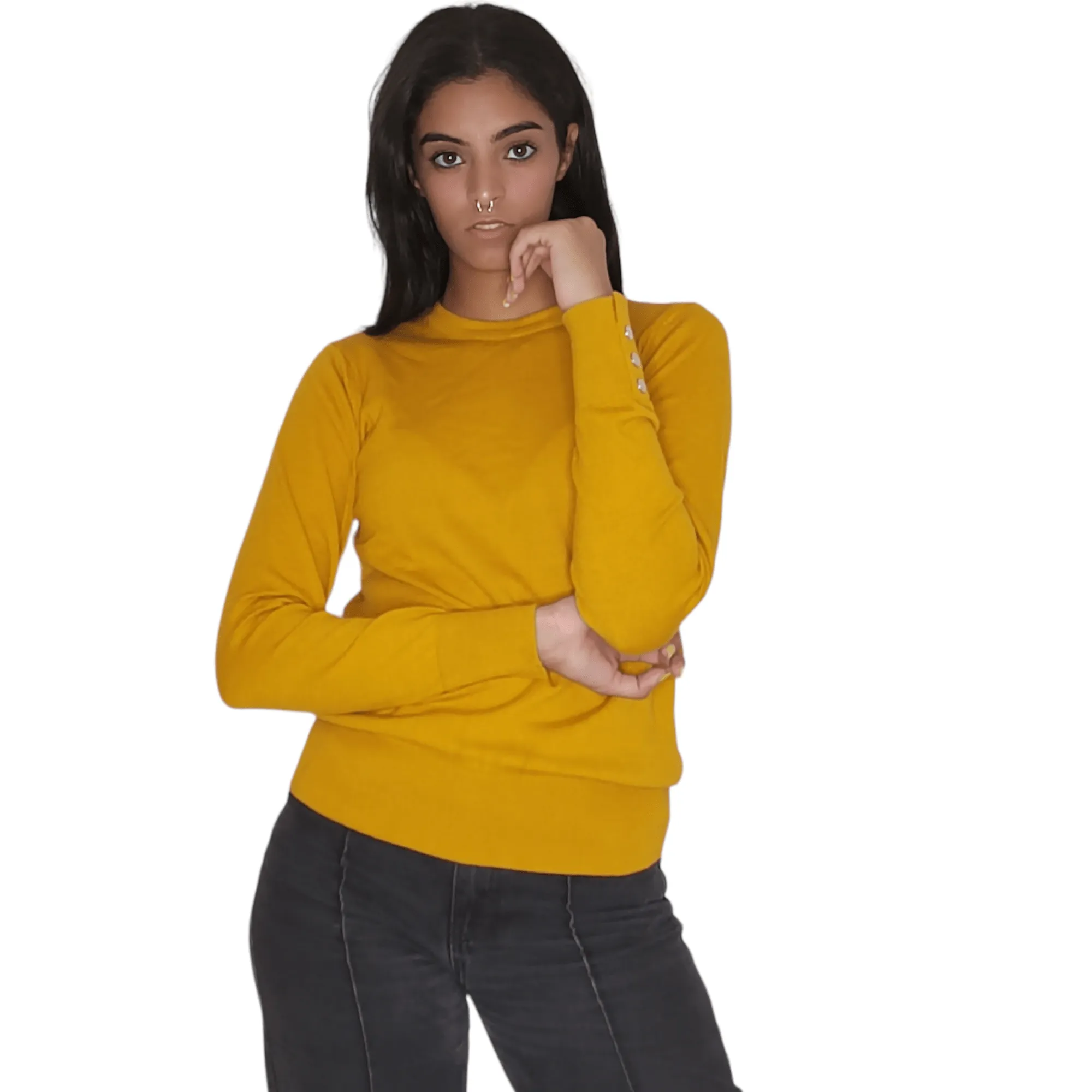 Women Round-Collar Pullover (buttons on sleeve) - Mustard