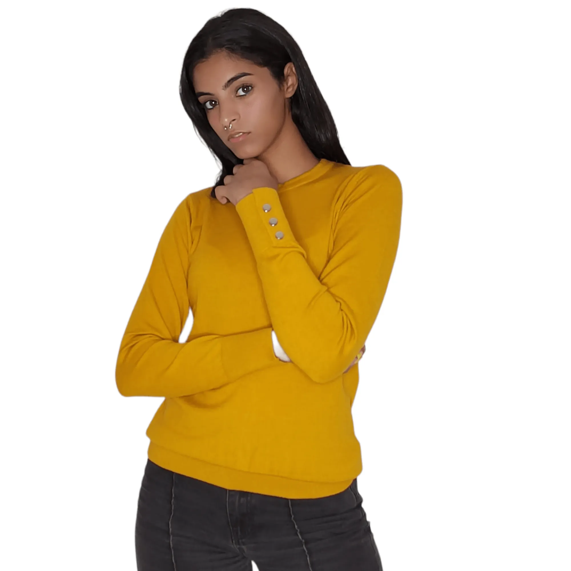 Women Round-Collar Pullover (buttons on sleeve) - Mustard